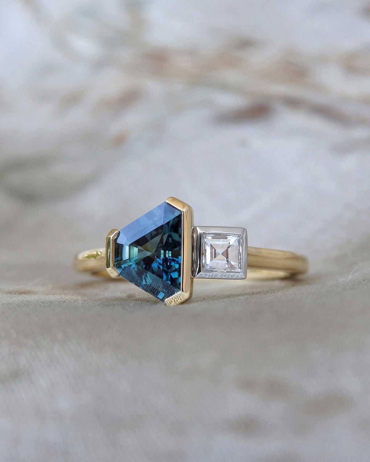 “Duet” Unheated Freeform Teal Sapphire &amp; Carre Cut Diamond Engagement Ring