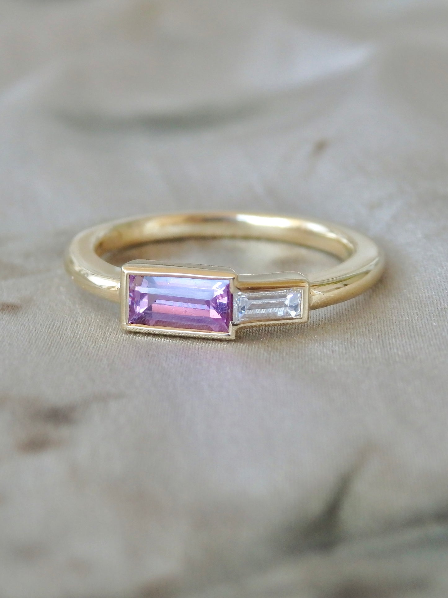 Pink Sapphire & White Diamond Baguette “Duet” Toi Et Moi Engagement or Wedding Ring