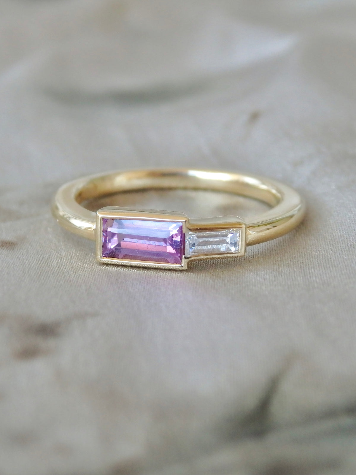 Pink Sapphire &amp; White Diamond Baguette “Duet” Toi Et Moi Engagement or Wedding Ring