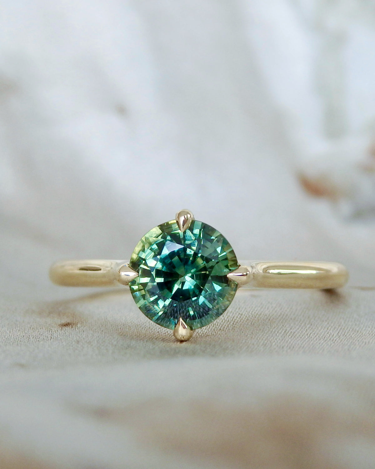 1.42ct Round Green Australian Sapphire “Lucy” Solitaire Engagement Ring in 18ct Yellow gold
