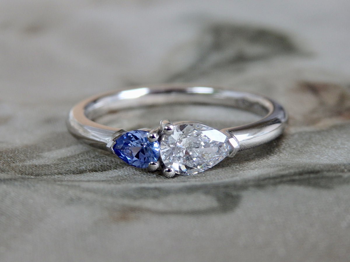 Platinum Pear “Duet”, 0.40ct EVS1 Diamond &amp; Ceylon Sapphire Engagement Ring