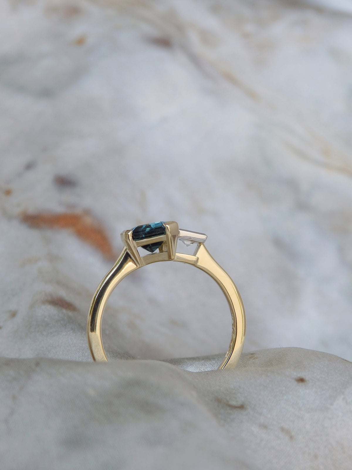 “Duet” Unheated Freeform Teal Sapphire &amp; Carre Cut Diamond Engagement Ring