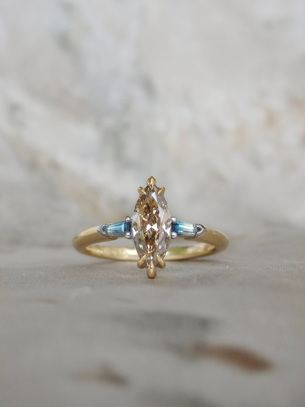 Driftwood 1 - “Cellito” Argyle Marquise Champagne Diamond &amp; Ombré Australian Parti Sapphire Trilogy Engagement Ring